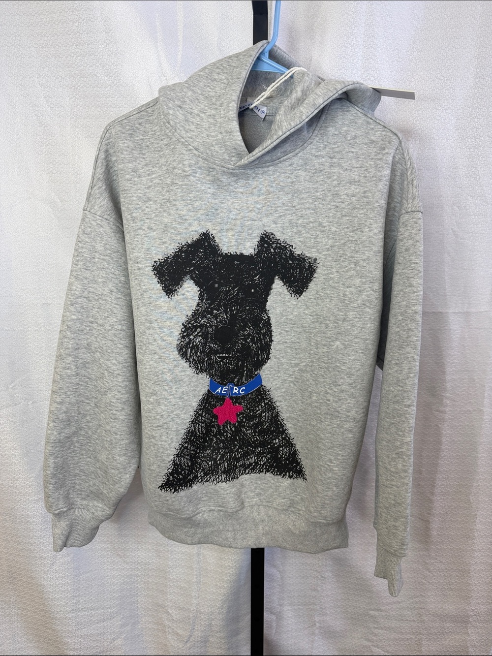 Aelfric Eden Gray Hoodie with Black Dog Graphic and Blue Collar